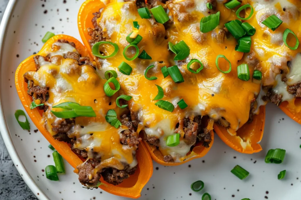 Taco Stuffed Mini Peppers: 8 Tested Recipes You’ll Love 12 Melted cheese on taco stuffed mini peppers with green onion