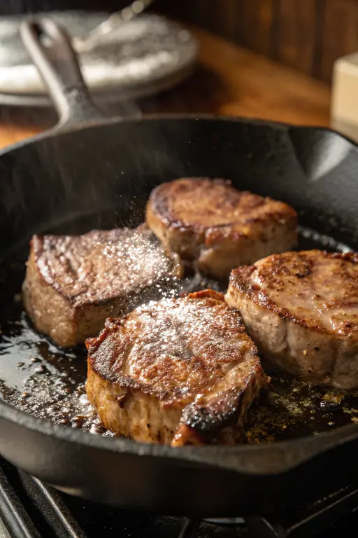 Southern Smothered Beef Chops – How Grandma Did It Better 8 Southern Smothered Beef Chops being seared in hot skillet