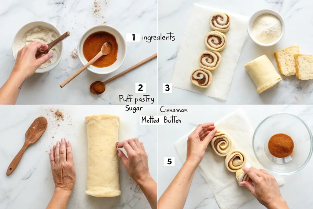 Air Fryer Cinnamon Roll Tortilla – The Ultimate Crispy Delight 4 Step-by-step guide to making Air Fryer Cinnamon Rolls from scratch, showing ingredients, rolling, cutting, and baking.