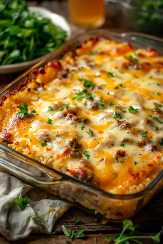 Hamburger Rice Casserole That Tastes Too Good To Be Real 11 Hamburger Rice Casserole in glass dish with cheddar and fresh greens