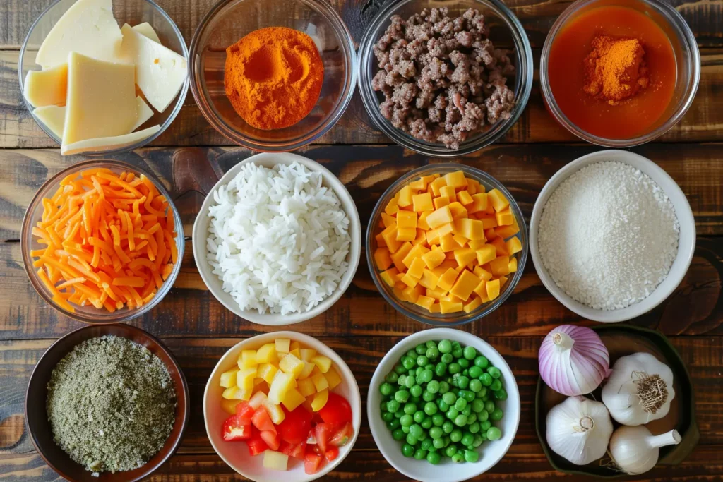 Hamburger Rice Casserole That Tastes Too Good To Be Real 9 Hamburger Rice Casserole ingredients raw and prepped