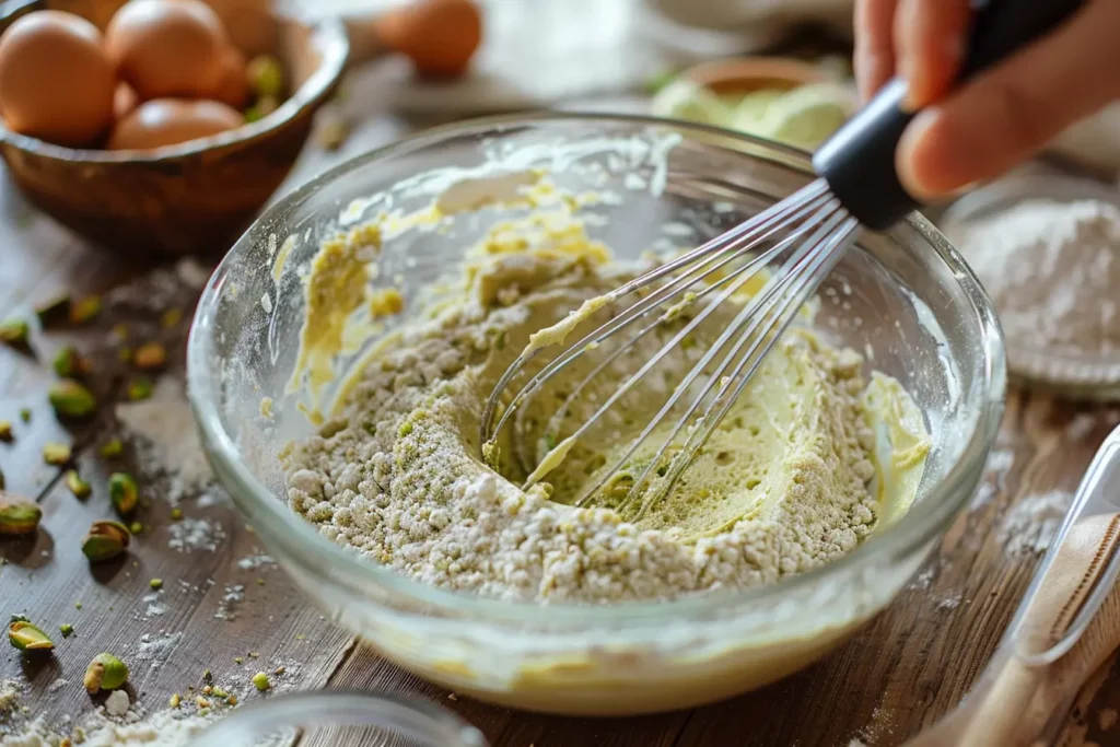 Pistachio Cake: This Odd Ingredient Makes It Taste Amazing 3 Pistachio Cake batter being whisked in glass bowl