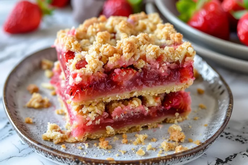 Strawberry Rhubarb Crumble Bars stacked with juicy filling