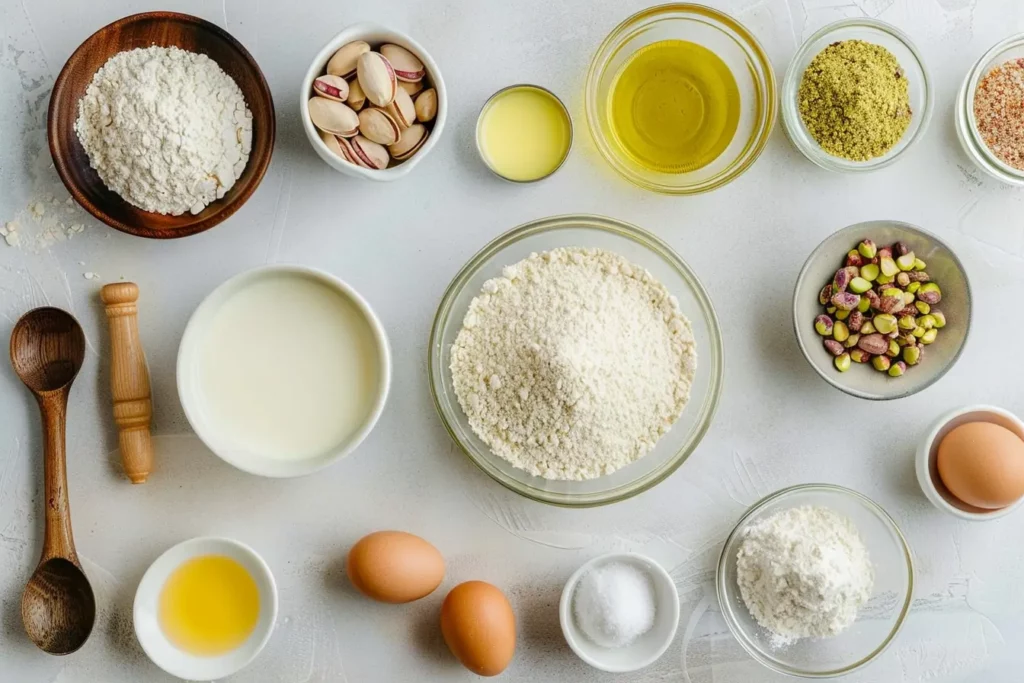 Pistachio Cake: This Odd Ingredient Makes It Taste Amazing 2 Pistachio Cake ingredients flat lay on white surface