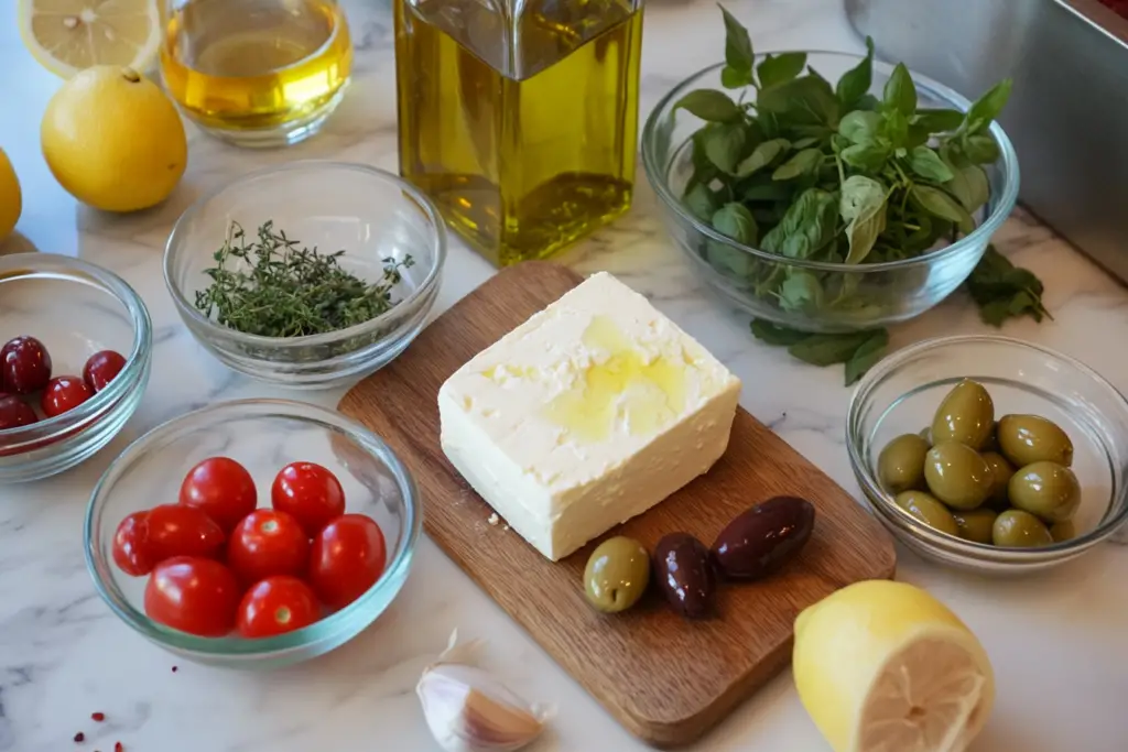 Baked Feta Cheese with Olives : This Simple Trick Will Make It Taste Even Better! 6 Ingredients for Baked Feta Cheese with Olives, including feta, olive oil, olives, garlic, and herbs.