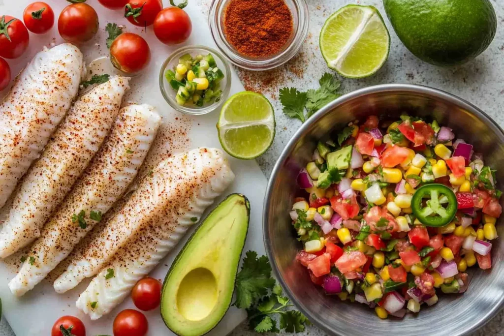 Grilled Tilapia Recipe – 5 Amazing Ways to Elevate Flavor 5 Ingredients for a Grilled Tilapia Recipe with avocado salsa.