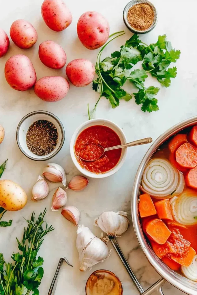 Potato Tagine: The Hidden Moroccan Treasure That Tastes Amazing! 3 Potato Tagine ingredients including potatoes, tomatoes, spices, and olive oil