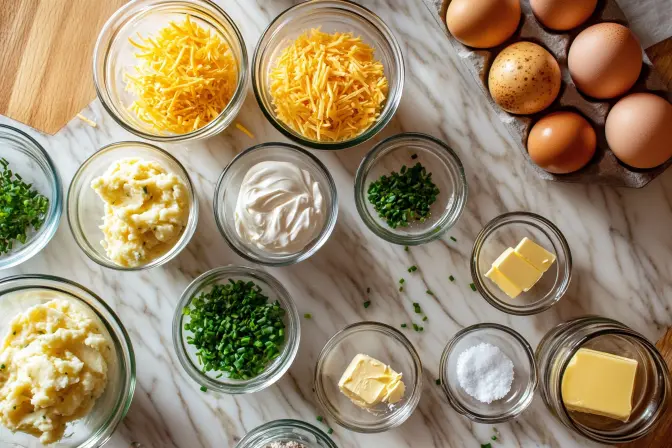 Garlic Chive Mashed Potato Puffins: How to Bake the Perfect Bite 10 Garlic Chive Mashed Potato Puffins ingredients organized in small bowls