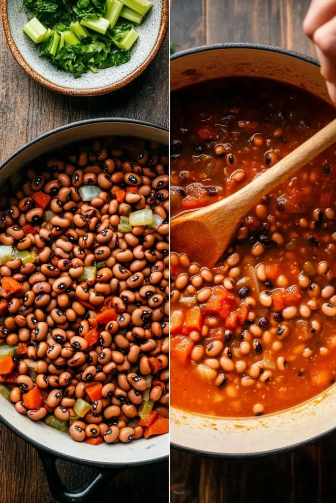 Black-Eyed Pea Soup – You Won’t Believe How Easy This Is! 12 A pot filled with black-eyed peas, diced tomatoes, onions, and seasonings before and after simmering into a rich broth.