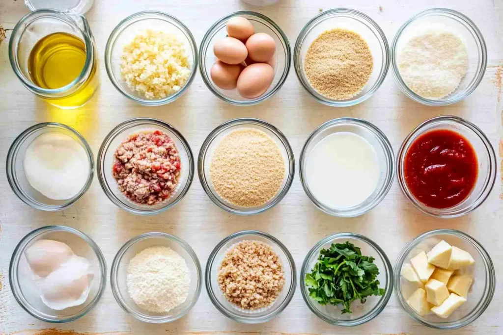 Turkey Meatloaf Muffins: One Simple Trick for Extra Moist Meatloaf! 1 Ingredients for Turkey Meatloaf Muffins, including ground turkey, eggs, breadcrumbs, Parmesan cheese, and seasonings.