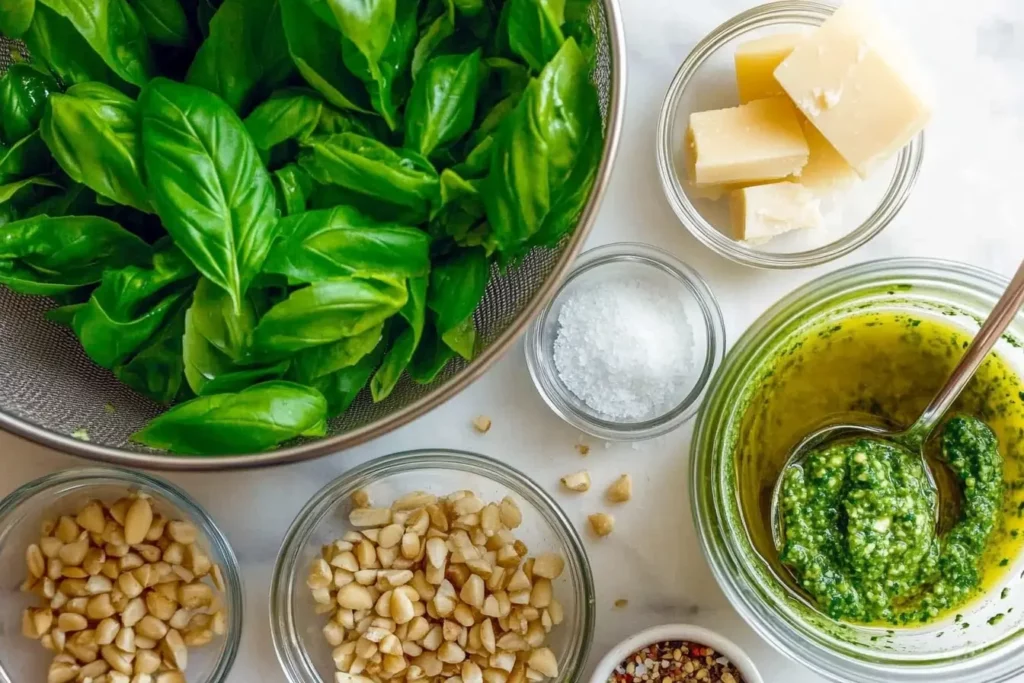 Pesto Genovese Recipe – The #1 Mistake & How to Fix It 1 Pesto Genovese Recipe step-by-step process with fresh basil, pine nuts, Parmesan, and olive oil in a food processor
