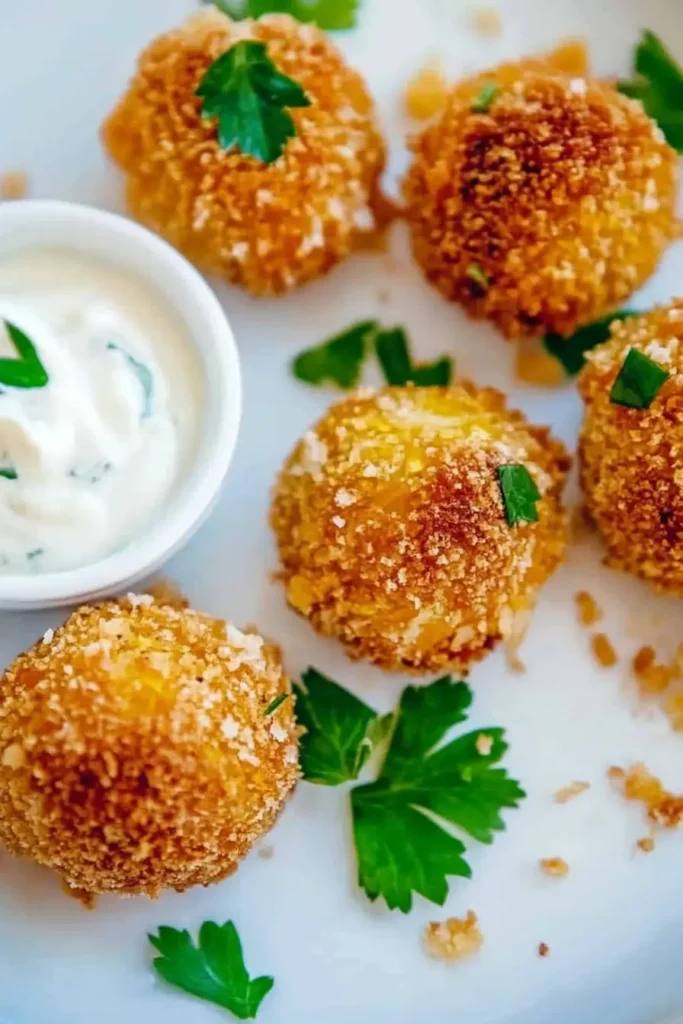 Squash Croquettes: How To Make the Perfect Golden Bite 11 A plate of golden-brown, crumb-coated corn balls arranged around a small bowl of sour cream, garnished with parsley.
