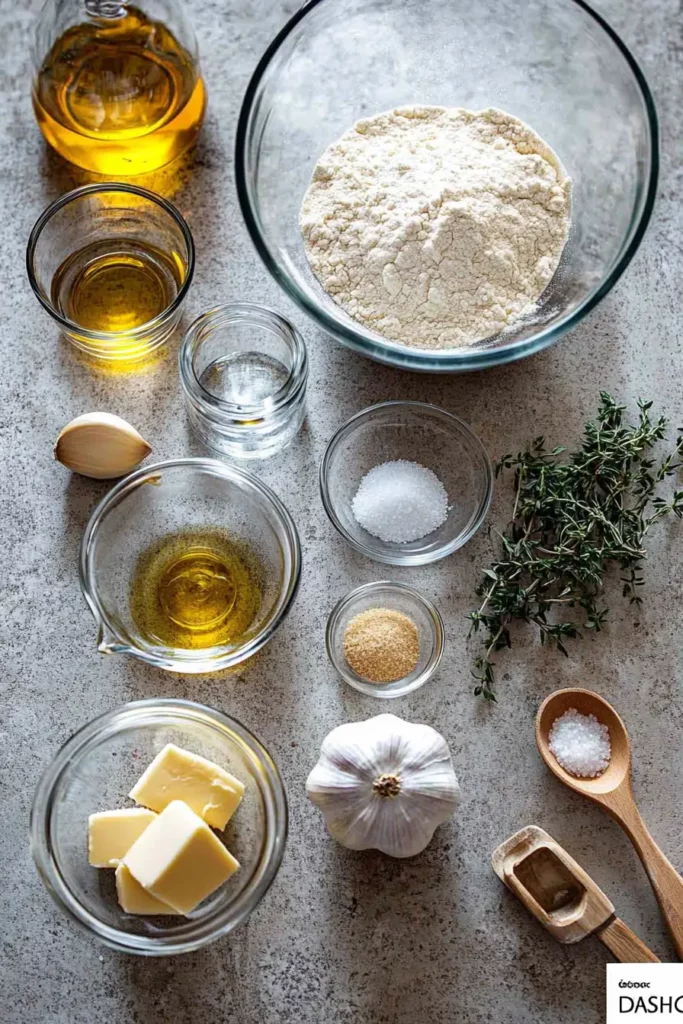 Herb Bread ingredients including flour, butter, olive oil, garlic, and fresh thyme, arranged on a kitchen counter.
