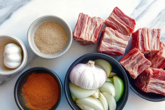 Braised Mexican Style Beef Ribs: How To Get Restaurant-Level Results 9 Braised Mexican Style Beef Ribs ingredients including garlic, spices, and raw beef in ceramic bowls