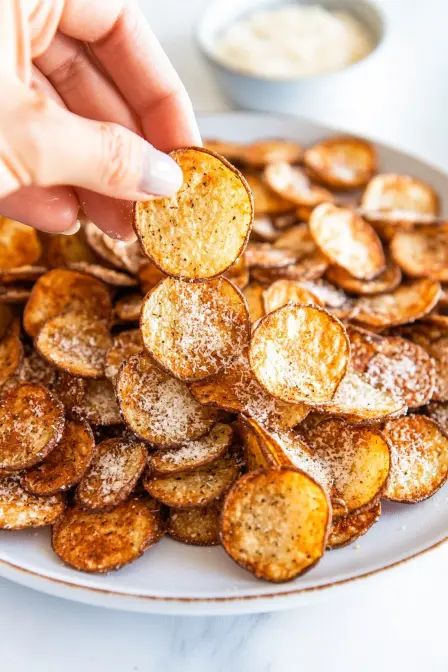 air fryer potato chips with parmesan held by hand
