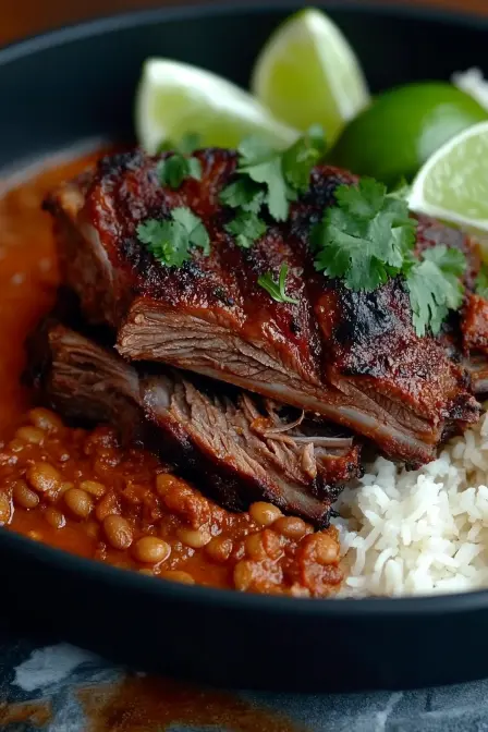 Braised Mexican Style Beef Ribs: How To Get Restaurant-Level Results 11 Braised Mexican Style Beef Ribs with rice, beans and lime wedges in rich chili sauce