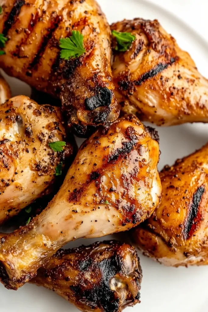 Grilled chicken drumsticks with a smoky char, served on a white plate with fresh herbs.