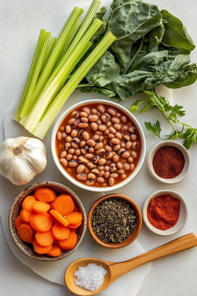 Black-Eyed Pea Soup – You Won’t Believe How Easy This Is! 9 Fresh ingredients for black-eyed pea soup, including black-eyed peas, celery, carrots, garlic, spices, and collard greens.