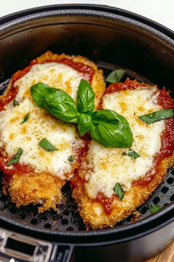 Cheesy Air Fryer Chicken Parmesan wraps: The Ultimate Crispy Hack! 6 Air fryer chicken Parmesan with melted cheese and basil inside the fryer basket.