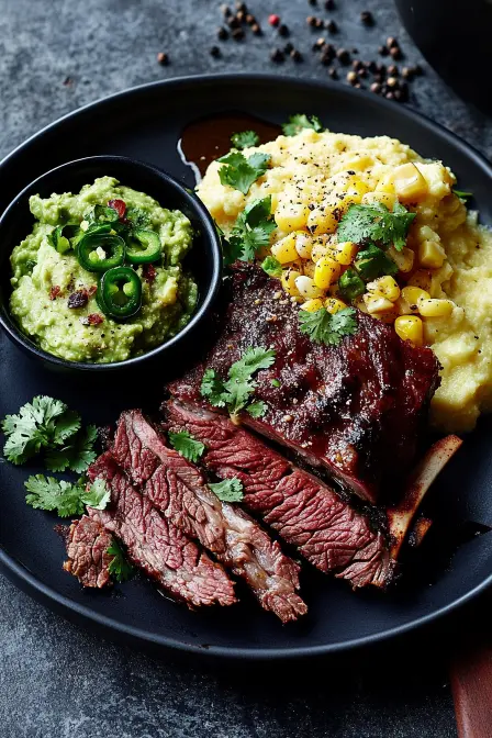 Braised Mexican Style Beef Ribs: How To Get Restaurant-Level Results 12 Braised Mexican Style Beef Ribs plated with guacamole, corn and creamy polenta in a black ceramic dish