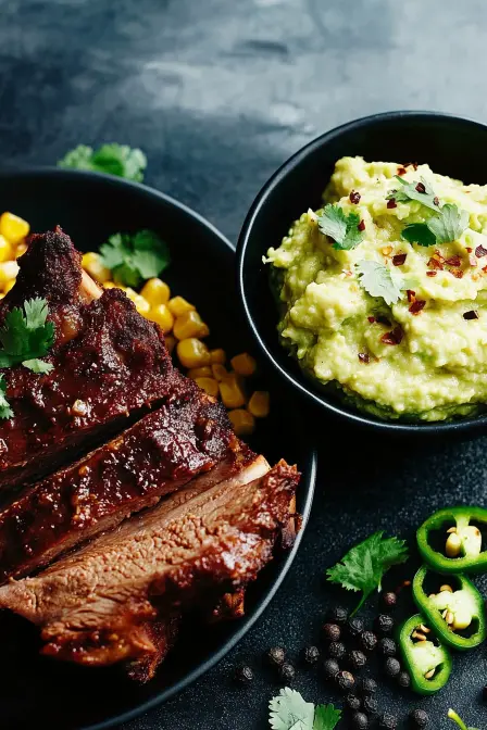 Braised Mexican Style Beef Ribs: How To Get Restaurant-Level Results 13 Braised Mexican Style Beef Ribs with grilled corn and spicy guacamole in a stylish serving plate