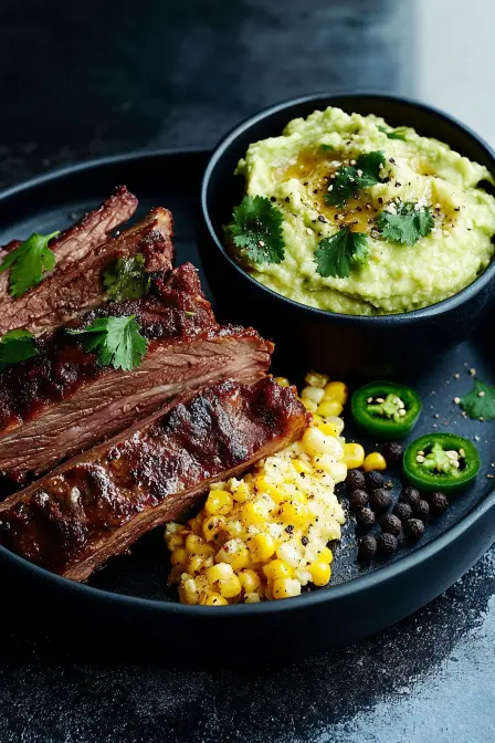 Braised Mexican Style Beef Ribs: How To Get Restaurant-Level Results 15 Braised Mexican Style Beef Ribs served with jalapeño guacamole and corn on a black plate