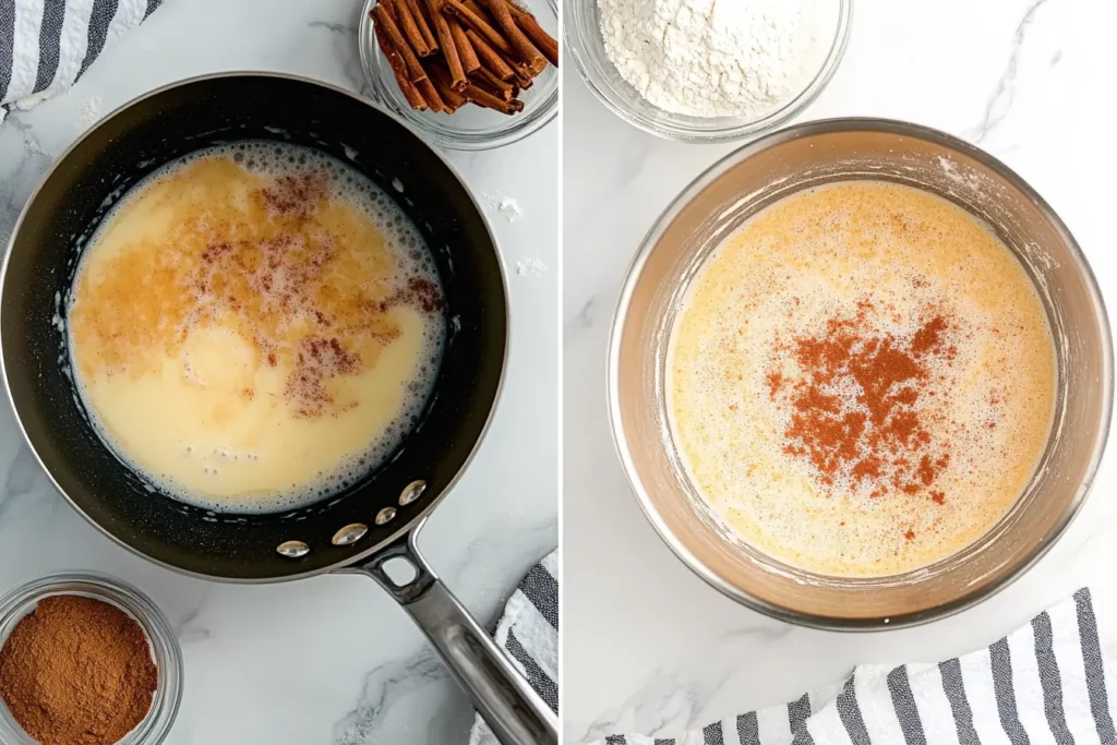 Adding sugar and mixing base ingredients for elephant ears recipe dough