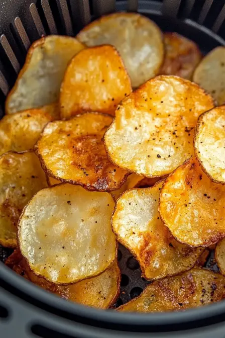 air fryer potato chips inside the air fryer basket