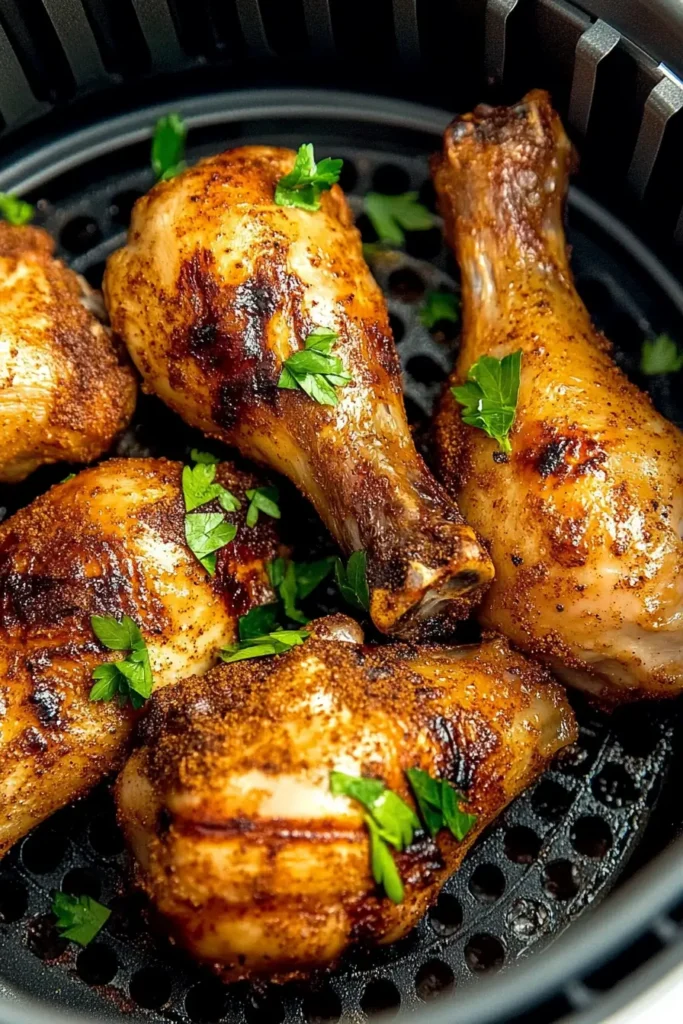 Crispy air fryer chicken drumsticks garnished with fresh parsley in an air fryer basket.