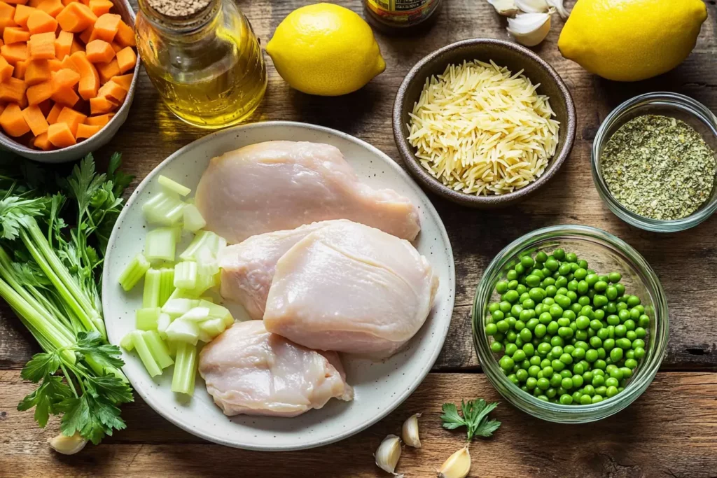 Chicken Vegetable Soup with Orzo: The Ultimate Cozy Dinner Recipe 6 Ingredients for Chicken Vegetable Soup with Orzo, including raw chicken, carrots, celery, peas, and orzo pasta.