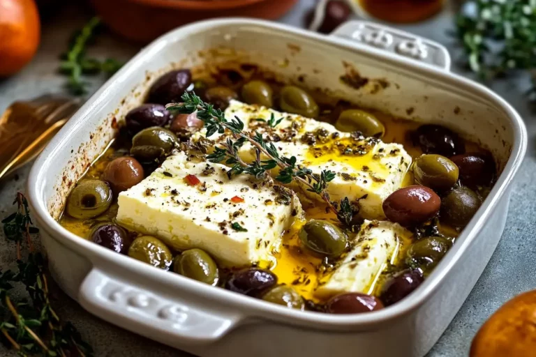 Baked Feta Cheese with Olives : This Simple Trick Will Make It Taste Even Better! 10 Baked Feta Cheese with Olives in a square ceramic dish, garnished with fresh thyme and chili flakes.