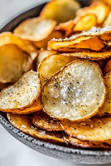 air fryer potato chips with cracked black pepper and salt
