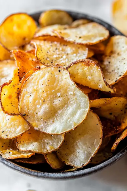 air fryer potato chips in a bowl with salt and pepper