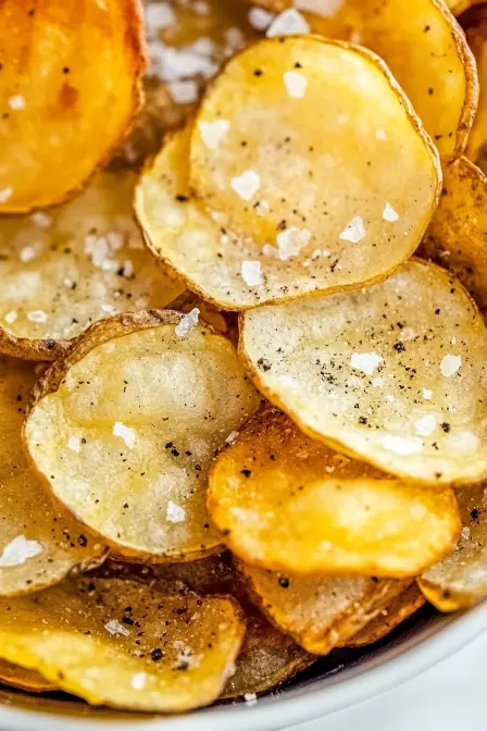 air fryer potato chips close-up with coarse salt
