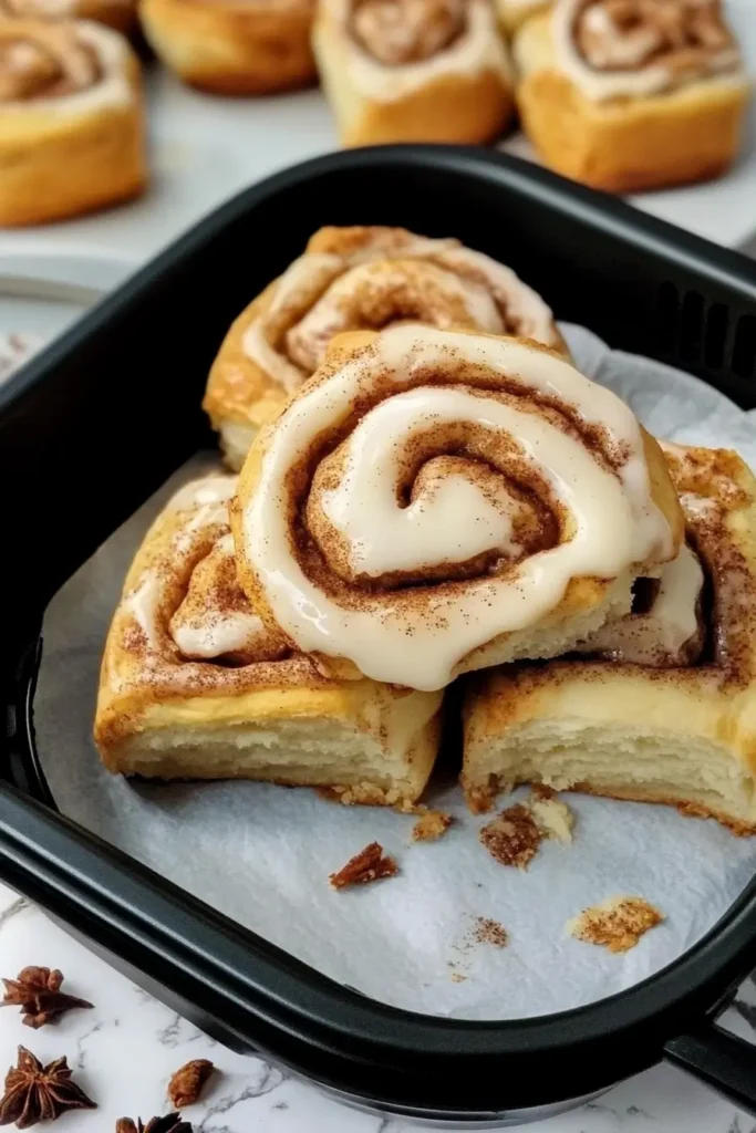 Air Fryer Cinnamon Roll Tortilla – The Ultimate Crispy Delight 5 Freshly baked Air Fryer Cinnamon Rolls in a baking tray, some topped with icing.