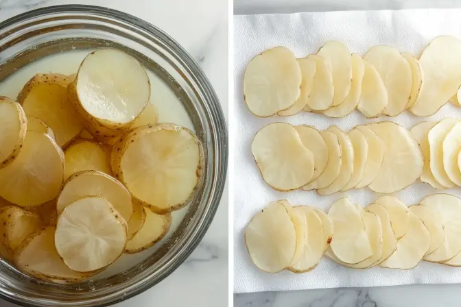air fryer potato chips prep with soaking and drying