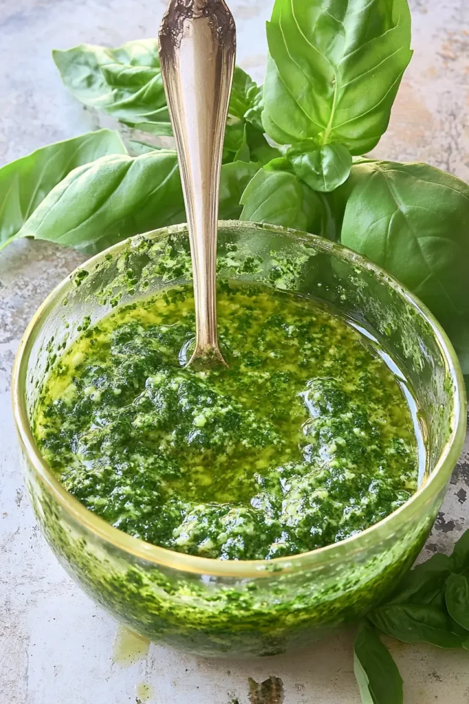 Pesto Genovese Recipe – The #1 Mistake & How to Fix It 2 Pesto Genovese Recipe with vibrant green basil sauce in a glass jar, garnished with fresh basil leaves