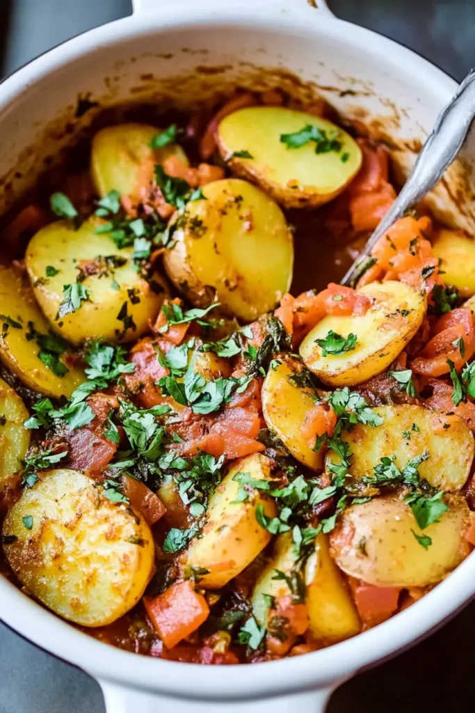 Potato Tagine: The Hidden Moroccan Treasure That Tastes Amazing! 1 Potato Tagine served in a white dish with fresh herbs