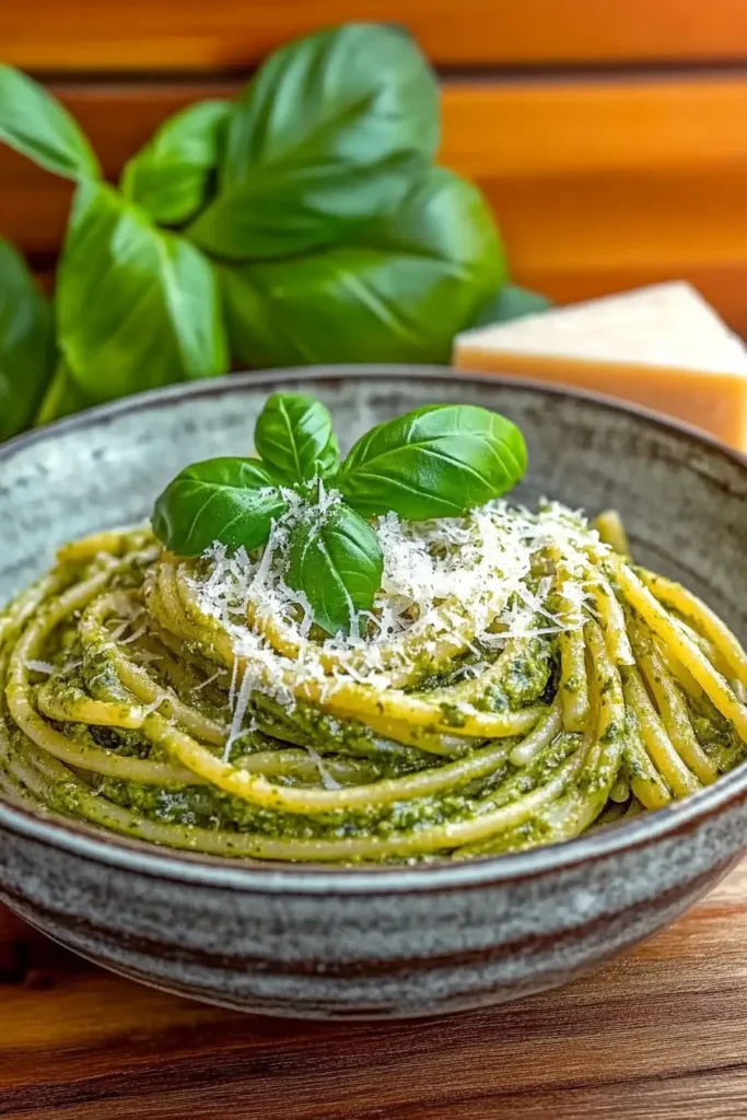 Pesto Genovese Recipe – The #1 Mistake & How to Fix It 3 Pesto Genovese Recipe served with linguine pasta, topped with Parmesan cheese and fresh basil