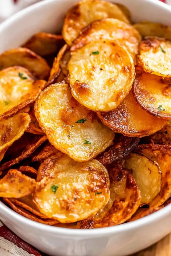 Best Homemade Potato Chips Air Fryer – Crispy & Easy 1 Potato Chips Air Fryer – homemade crispy chips in a white bowl, golden brown and lightly seasoned with salt.