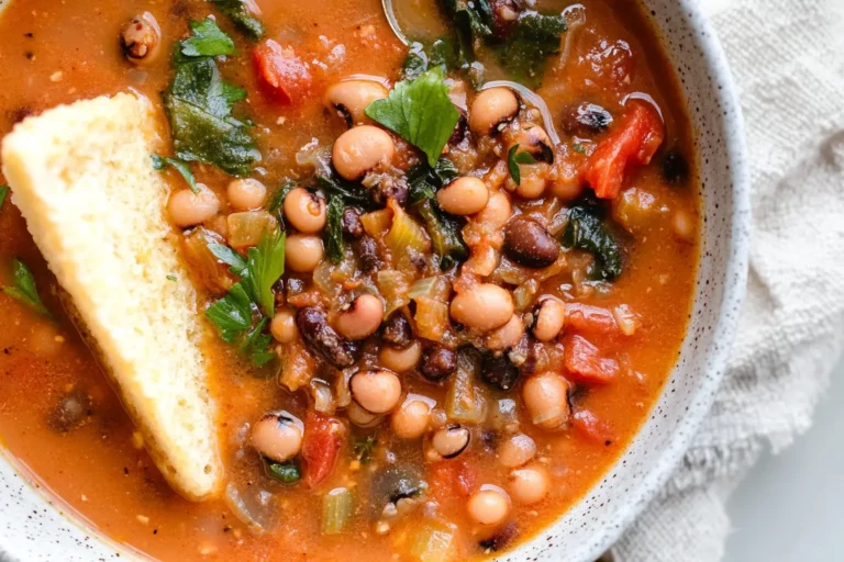 Black-Eyed Pea Soup – You Won’t Believe How Easy This Is! 14 A bowl of black-eyed pea soup topped with croutons, fresh basil, and tomatoes.