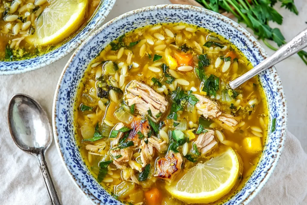 Chicken Vegetable Soup with Orzo: The Ultimate Cozy Dinner Recipe 7 Chicken Vegetable Soup with Orzo simmering in a pot with carrots, peas, kale, and shredded chicken.