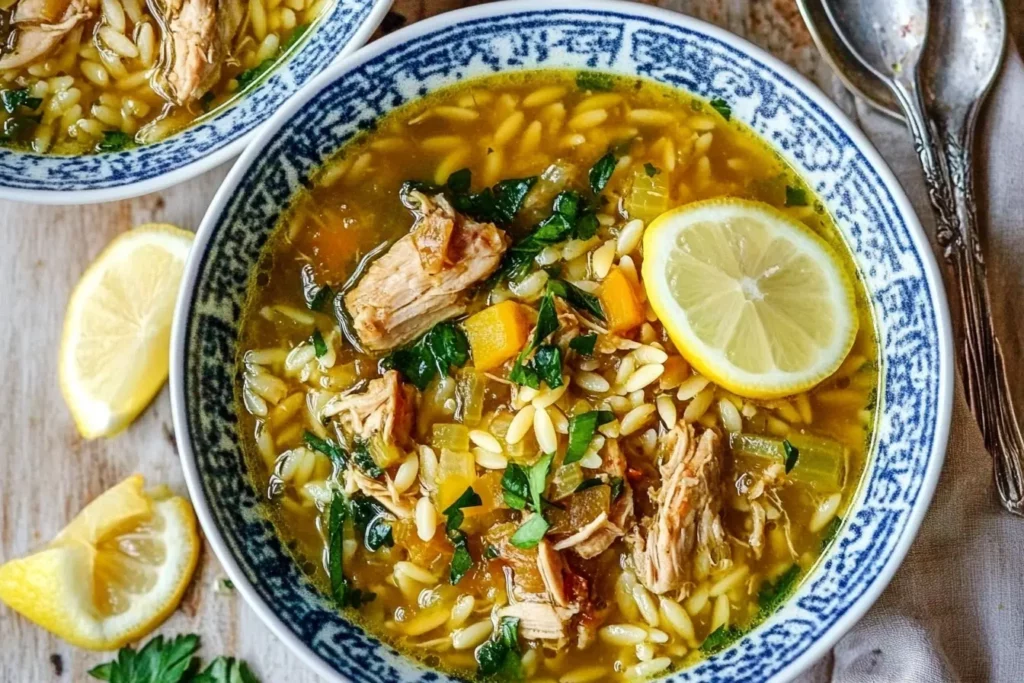 Chicken Vegetable Soup with Orzo garnished with fresh parsley and lemon slice.