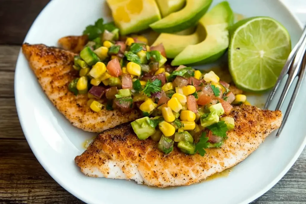 Grilled tilapia with tomato-avocado salsa and lime wedges.