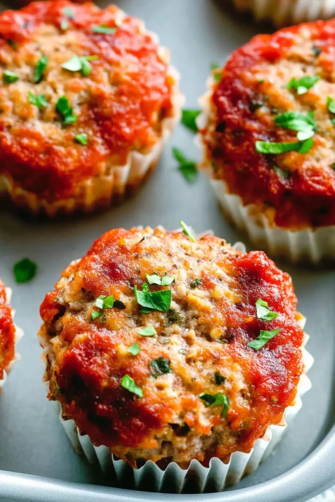 Turkey Meatloaf Muffins: One Simple Trick for Extra Moist Meatloaf! 4 Close-up of Turkey Meatloaf Muffins in a muffin tin, topped with glaze and parsley.