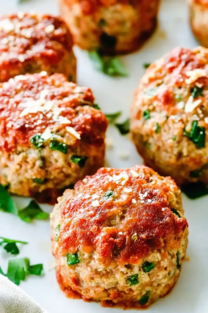 Turkey Meatloaf Muffins: One Simple Trick for Extra Moist Meatloaf! 3 Juicy Turkey Meatloaf Muffins garnished with fresh herbs and Parmesan cheese.