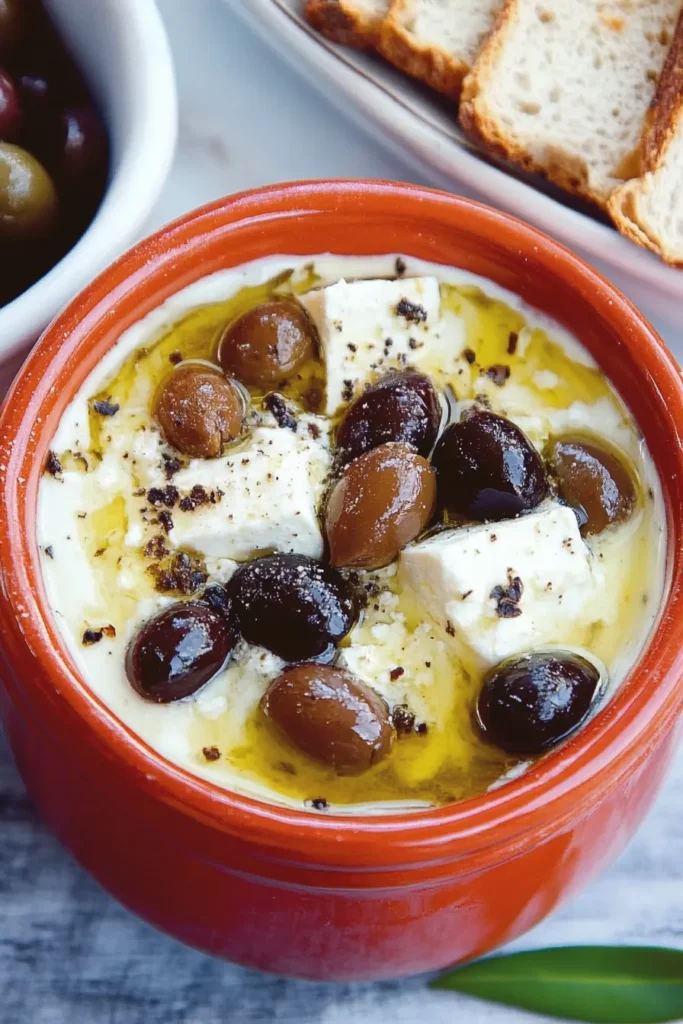 Baked Feta Cheese with Olives : This Simple Trick Will Make It Taste Even Better! 8 Baked Feta Cheese with Olives in a rustic red dish, drizzled with olive oil and black pepper.