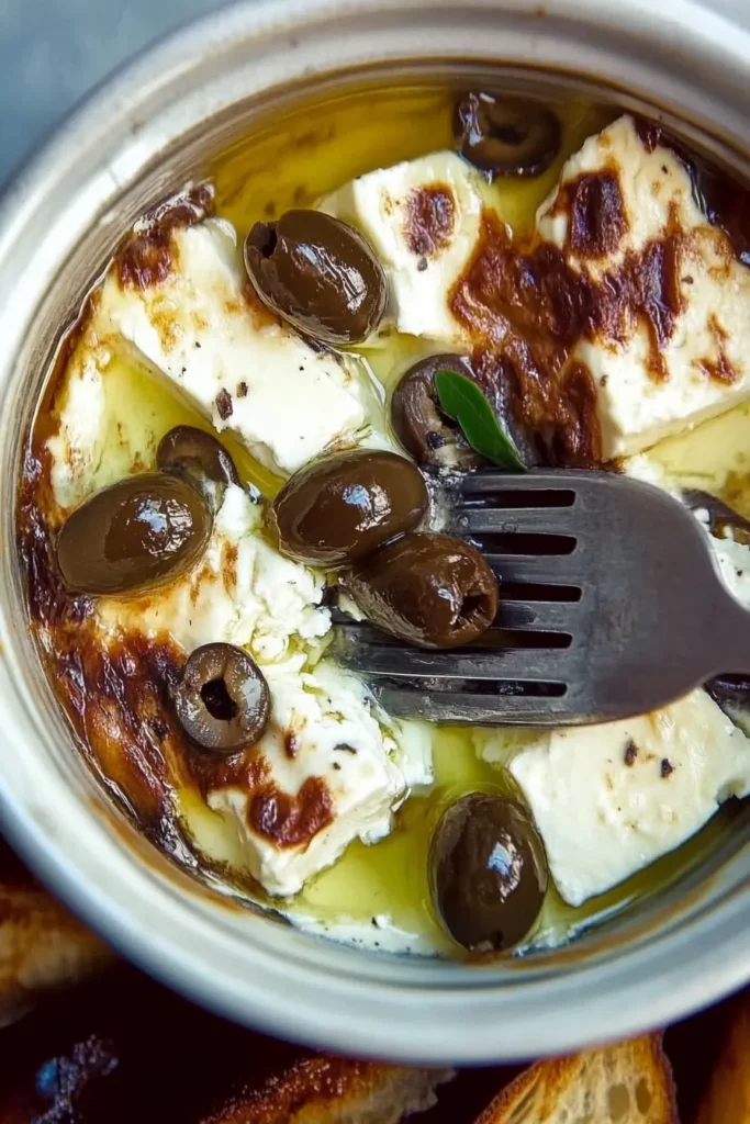 Baked Feta Cheese with Olives : This Simple Trick Will Make It Taste Even Better! 7 Baked Feta Cheese with Olives in a white bowl, with a fork breaking into the soft, golden cheese.