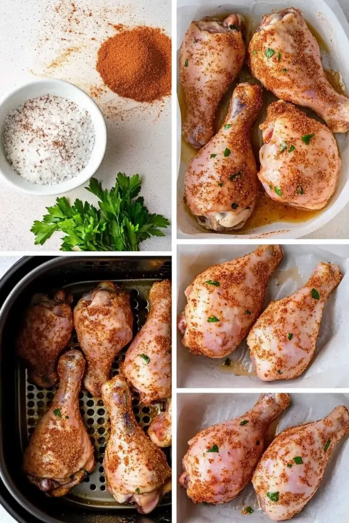 Step-by-step collage showing raw chicken drumsticks being seasoned and cooked in an air fryer.