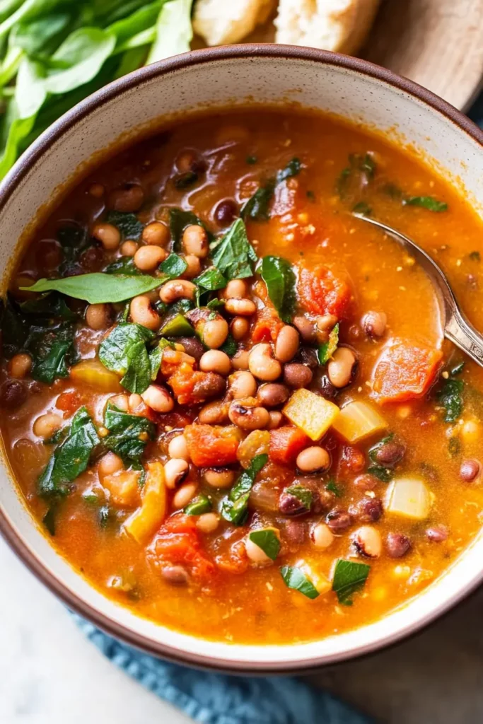Black-Eyed Pea Soup – You Won’t Believe How Easy This Is! 10 A bowl of traditional black-eyed pea soup with tomatoes, greens, and a light broth.